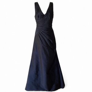 Monique Lhuillier Bridesmaids Navy Satin Gown Sz8 Pleated V Neck Formal Evening